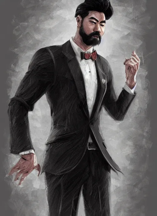 Prompt: a highly detailed illustration of fierce short black haired asian man with goatee wearing suit, dramatic reading book pose, muscular, intricate, elegant, highly detailed, centered, digital painting, artstation, concept art, smooth, sharp focus, league of legends concept art, WLOP