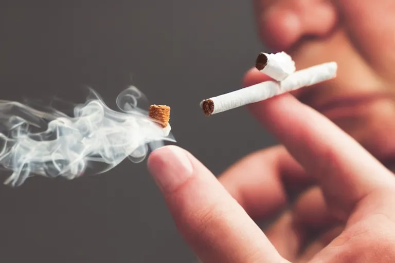 Image similar to Close-up of thin soft hand holding cigarette with smoke, hyper realistic, high details, photo, super resolution