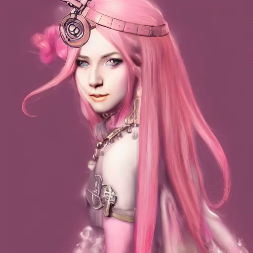 Image similar to a pink hair girl dressed with inspirations from steampunk style, high detailed, digital art, trending on artstation, devianart, cgsociety