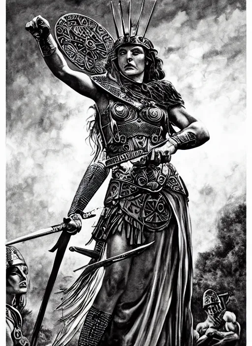 Image similar to warrior queen boudica, pulp art painting in a mixed style of mort kunstler and maxfield parrish, intricate, hyper detailed, stunning inking lines, 4 k, hd, award winning, photorealistic