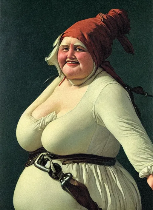 Image similar to close - up portrait of a morbidly obese female pirate with two peglegs and two hook hands, detailed dynamic light painting by albrecht anker