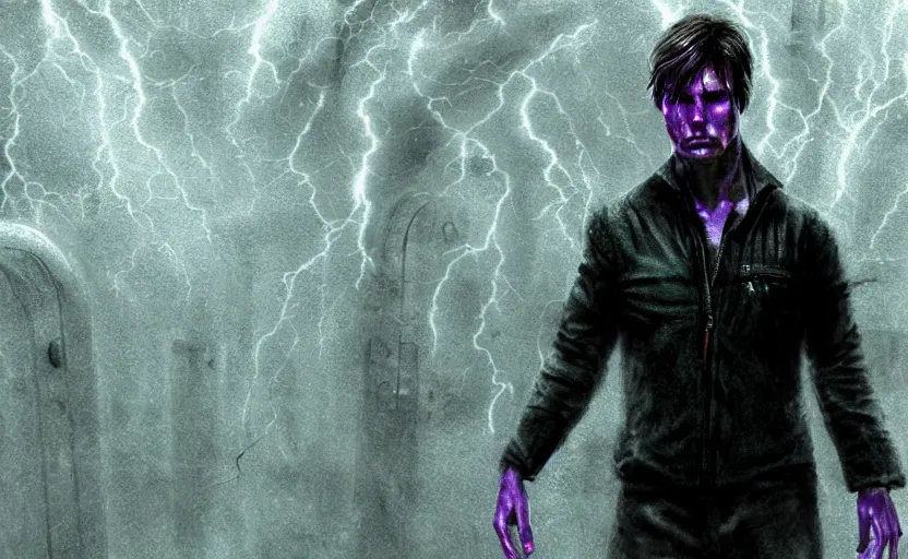 Image similar to Tom Cruise in silent hill, Dark fantasy, clear, thunderstorms, Magic lightning, portals with tentacles coming out from the Portals from above, color black green and purple white blue , mystery, horror, artstation, DeviantArt