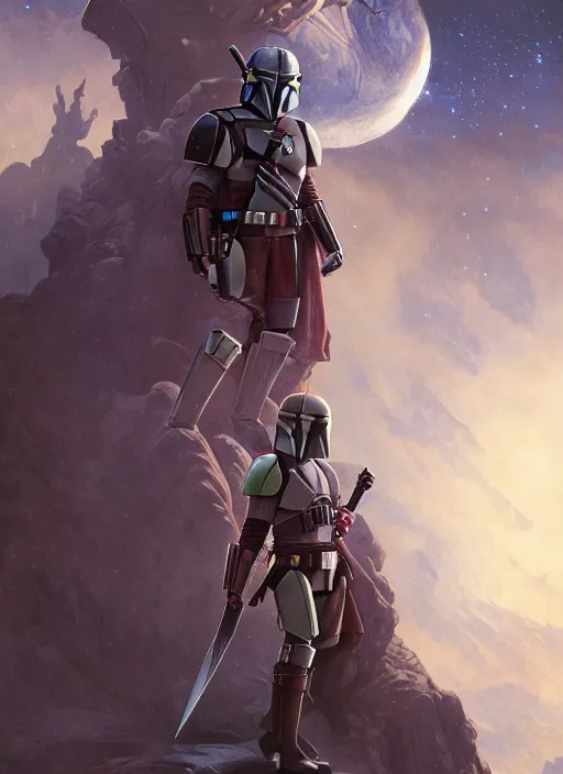 Image similar to the mandalorian surrounded by starlight, moon behind him, fantasy, intricate, elegant, hyper detailed, ultra definition, photoreal, artstation, unreal engine rendered, concept art, smooth, sharp focus, illustration, art by artgerm and greg rutkowski and alphonse mucha and garis edelweiss