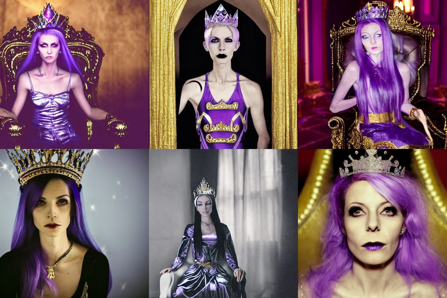 Image similar to A photo of a skinny evil princess woman with light-purple hair wearing a diamond crown, sitting in a throne in a dark room. Low light