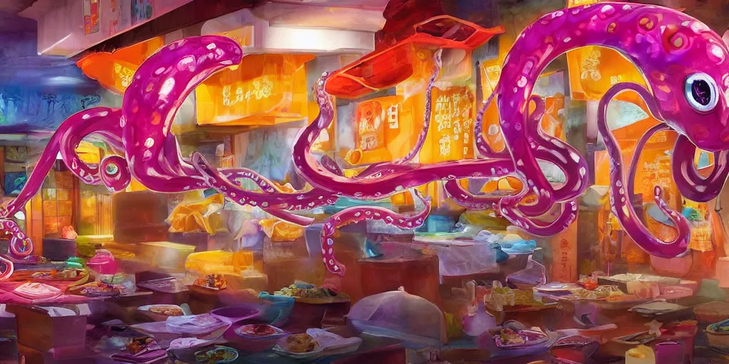 Prompt: concept photo highly detailed rendering of, a giant translucent colorful octapus stealing all the knives from a sushi restaurant at 3 am in the morning, humorous and weird, dramatic cinematic lighting