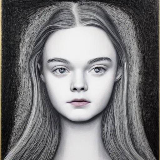 Prompt: portrait of Elle Fanning, egg tempera over graphite, with scratching out, on coated board, (scratchboard)