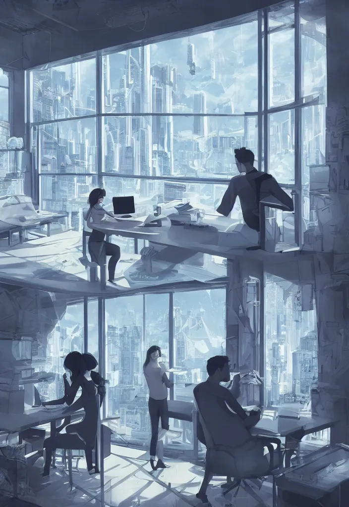 Image similar to wife hugging her sitted husband that at his futuritic desk looking at the window with a futuristic city, rossdraws, global illumination, radiant light, detailed and intricate environment