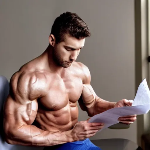 Image similar to A blond, muscular man writes an appointment in his calendar