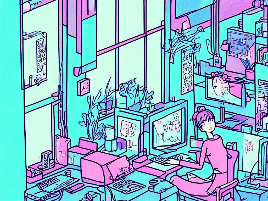 Prompt: beautiful drawing of a female in her small apartment sitting at her computer desk which is in front of a window which looks out to the neon cyber city, style vaporware cartoon japan, low - fi, chill scene, kawaii anime manga style, illustration, aesthetic, minimalistic!! simple, neon pastel, in the style of bryce kho and hayao miyazaki