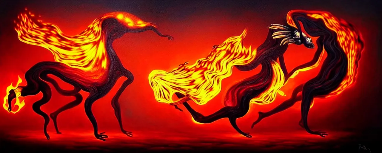 Image similar to whimsical fiery alchemical creatures, surreal dark uncanny painting by ronny khalil