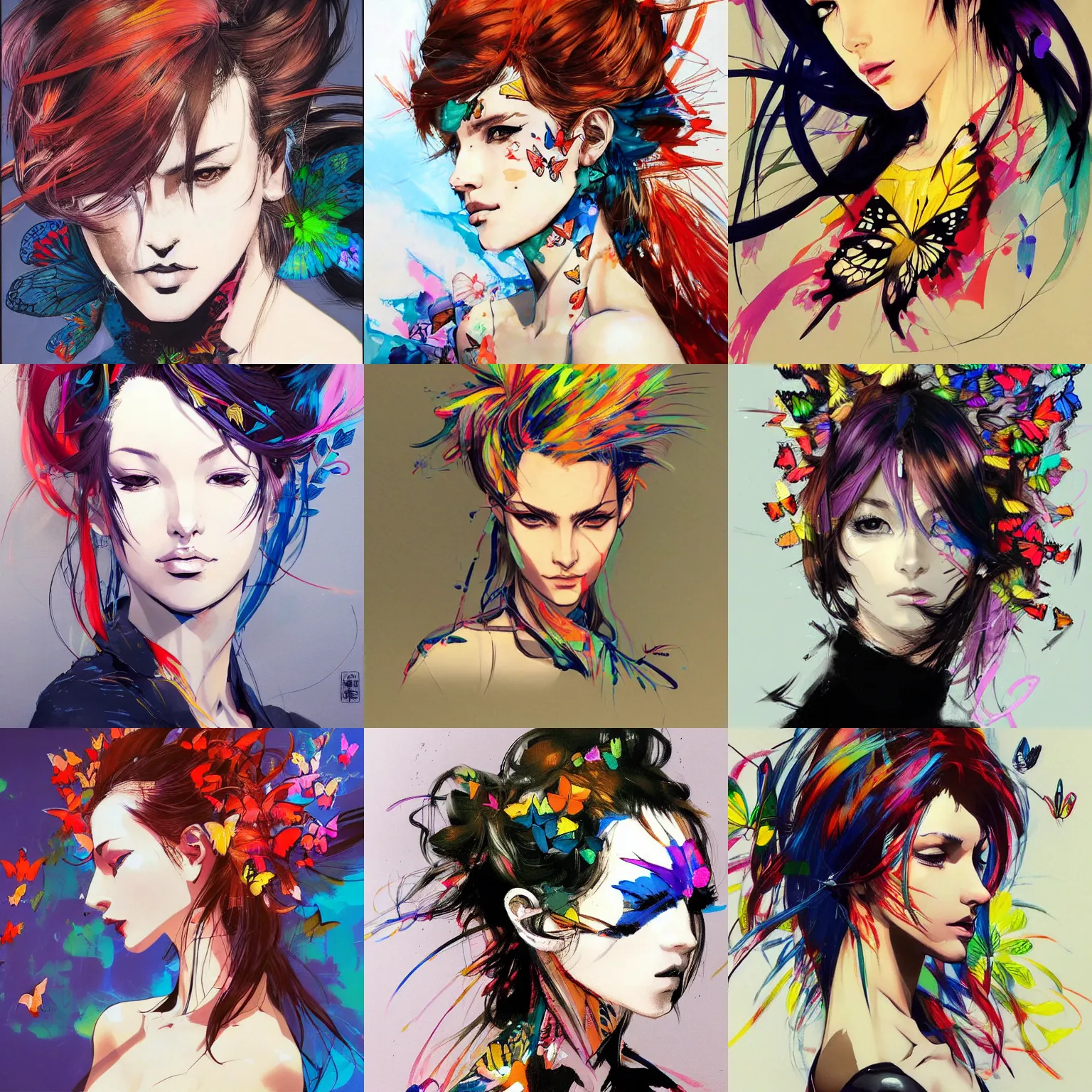 Prompt: a beautiful side portrait painting of a woman. colorful butterflies emerge from her hair, covering almost all of her head. art by yoji shinkawa, trending on artstation.