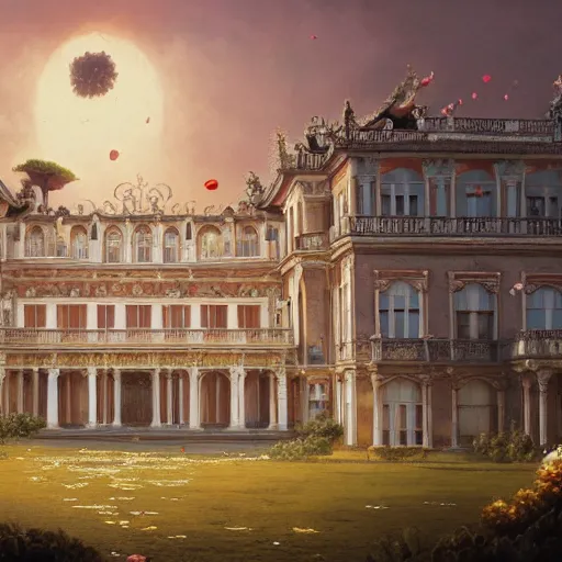 Prompt: A beautiful ultradetailed anime illustration of rococo palace with falling petals,by Fabio Listrani,johfra bosschart, Greg Rutkowski and Peter Mohrbacher,4k art, Ultra wide angle,hyper real, trending on artstation