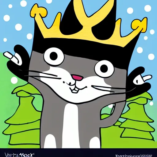 Image similar to cartoon art of a happy black and white cat wearing a crown, in a forest