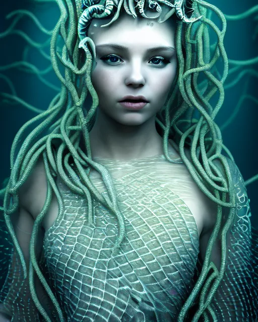 Image similar to surreal mythical dreamy underwater artistic bw fine art photo of a beautiful young female angelic - medusa - cyborg covered with fish scales and algae, highly detailed, intricate crystal ivy jelly fish scales ornate, poetic, octane render, 8 k, photo - realistic