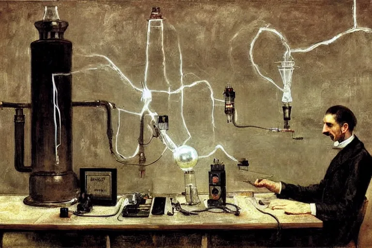 Image similar to Nikola Tesla in his science electric laboratory, with arms open between two tesla coils working, ultra detailed painting, wide angle lens, painted by Gustave Courbet