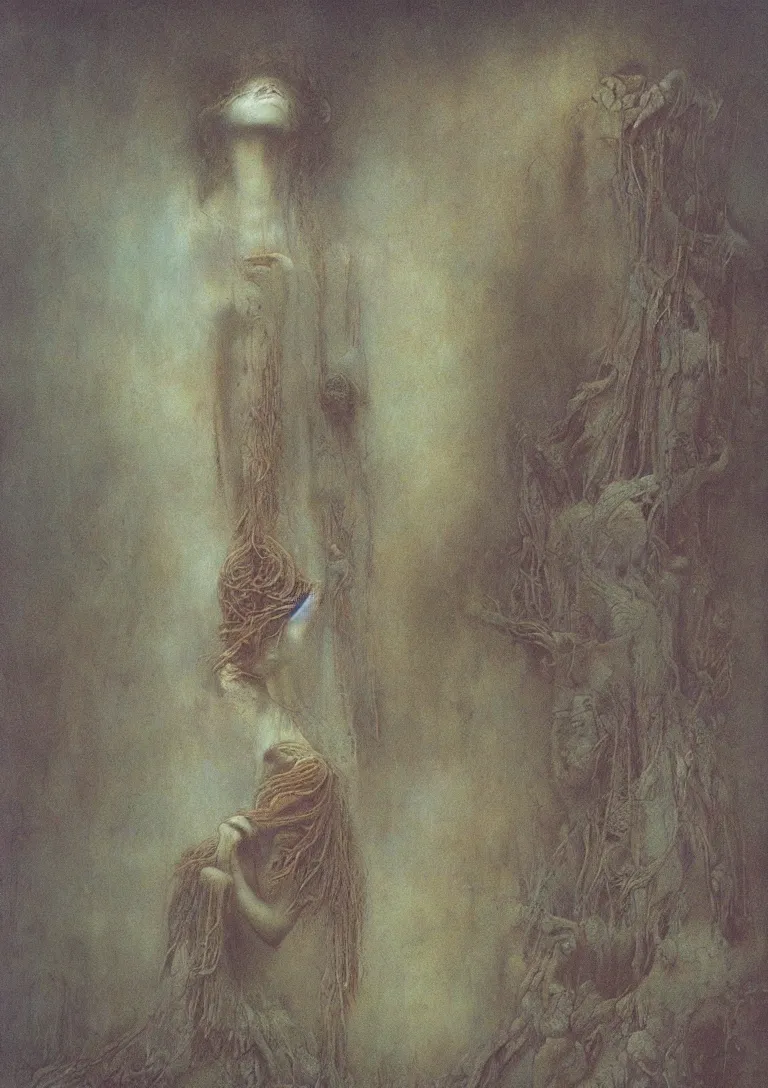 Image similar to goddess of dreams in the style of beksinski, detailed, beautiful, haunting