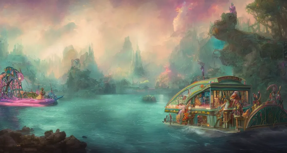 Image similar to an amusement park boat ride with pastel colors by peter mohrbacher, vivid colors, matte painting, 8K, concept art, mystical color scheme, trending on artstation