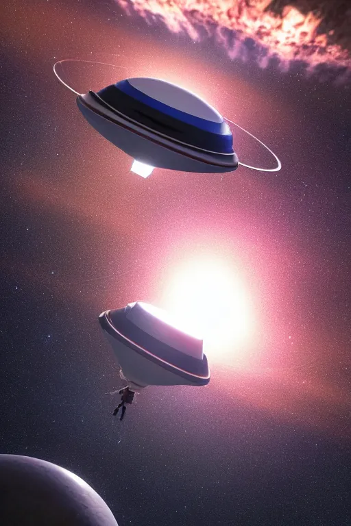 Image similar to A tiny UFO flying through space, pixar, dramatic lighting, cinematic, establishing shot, extremely high detail, foto realistic, cinematic lighting, post processed, concept art, high details, cinematic, 8k resolution, beautiful detailed, photorealistic, digital painting, artstation, concept art, smooth, sharp focus, artstation trending, octane render, unreal engine