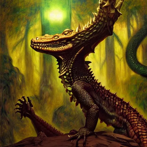 Image similar to a portrait of a male reptile lizard lizardman dragon in star trek uniform at night in a dark forest. zootopia fursona furaffinity detailed face painting by gaston bussiere craig mullins jc leyendecker gustav klimt artgerm greg rutkowski