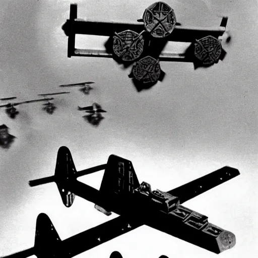 Image similar to an old ww2 photograph of star wars TIE fighters, AT-AT, WW2 planes fighting