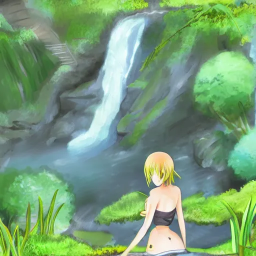 Prompt: Anime girl, anime jungle environment, overlooking a waterfall, minimal, sketch, rough draft