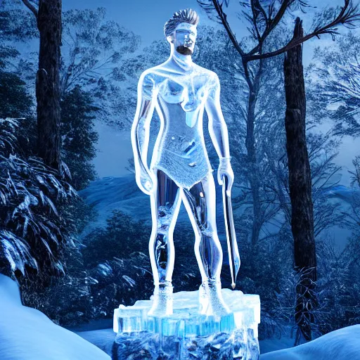 Prompt: photography of a digital art, stunning glare and bloom crystal clear ice statue of tom holland as a viking warrior god. stuning, intricate, complexe. snowy mountains dream landscape. professional digital art, unreal engine 5