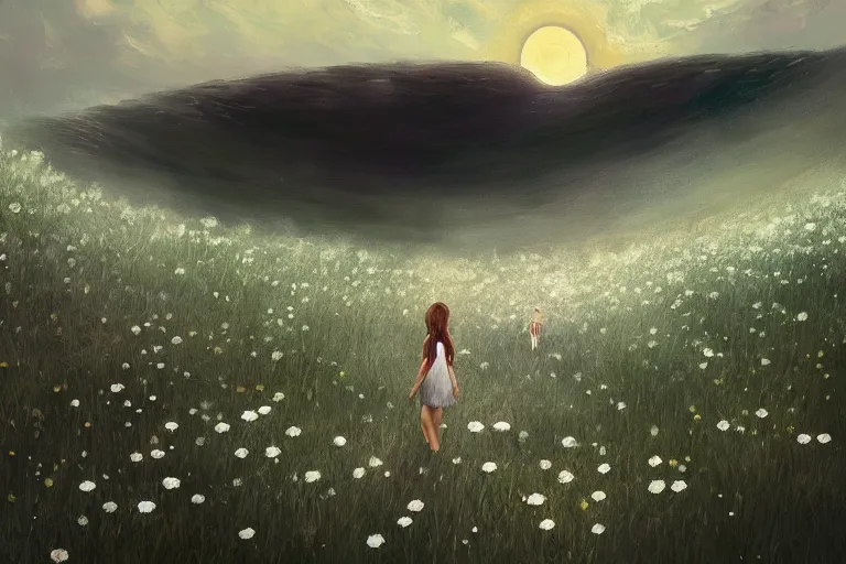 Image similar to giant white daisy flower head, girl walking on cliff, surreal photography, solar eclipse, milky way, dramatic light, impressionist painting, clouds, digital painting, artstation, simon stalenhag