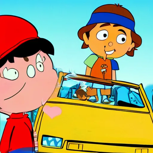 Prompt: a frame of kids next door show where they save a baby from a burning car