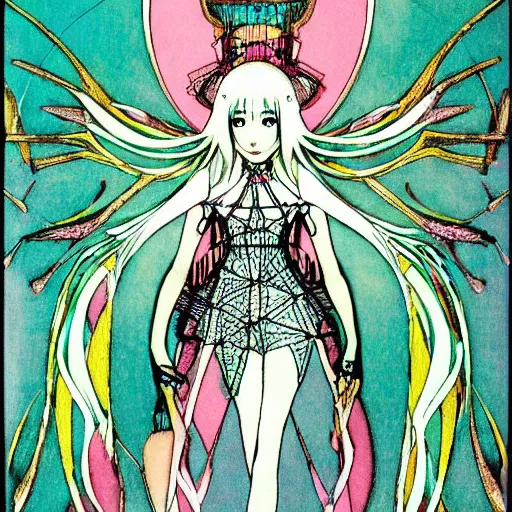 Prompt: hatsune miku, artwork by Harry Clarke