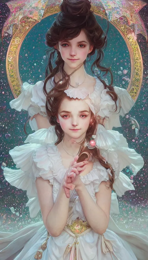 Image similar to portrait of magical lolita girl, dreamy and ethereal, white eyes, peaceful expression, ornate frilly dress, fantasy, intricate, elegant, rainbow bubbles, highly detailed, digital painting, artstation, concept art, smooth, sharp focus, illustration, art by artgerm and greg rutkowski and alphonse mucha