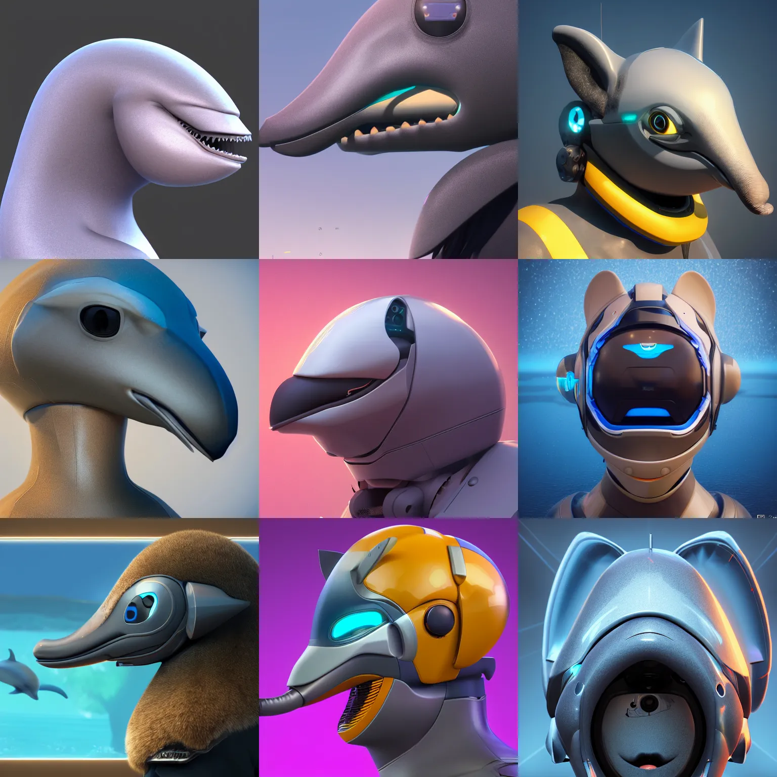 Prompt: furry art, bust profile picture of a robotic anthro dolphin, visor screen for face, round shapes, commission on furaffinity, cgsociety, octane render, subnautica
