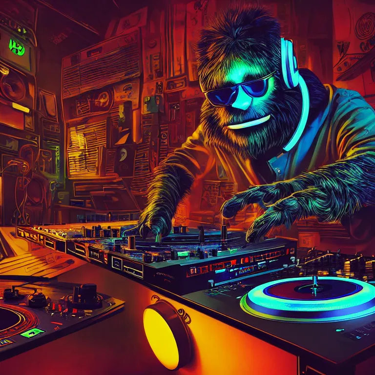 Image similar to a photograph portrait of an anthropomorphic cyberpunk bigfoot dj at the turntables spinning records, detailed render, tape deck, boombox, headphones, epic composition, cybernetics, 4 k realistic, cryengine, realistic shaded lighting, sharp focus, masterpiece, by matteo scalera, gary montalbano, peter elson in the style of the tokyo ghost comic