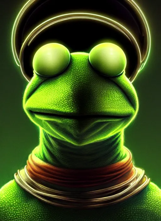 Image similar to symmetry portrait of kermit the frog, sci - fi, tech wear, glowing lights intricate, elegant, highly detailed, digital painting, artstation, concept art, smooth, sharp focus, illustration, art by artgerm and greg rutkowski and alphonse mucha