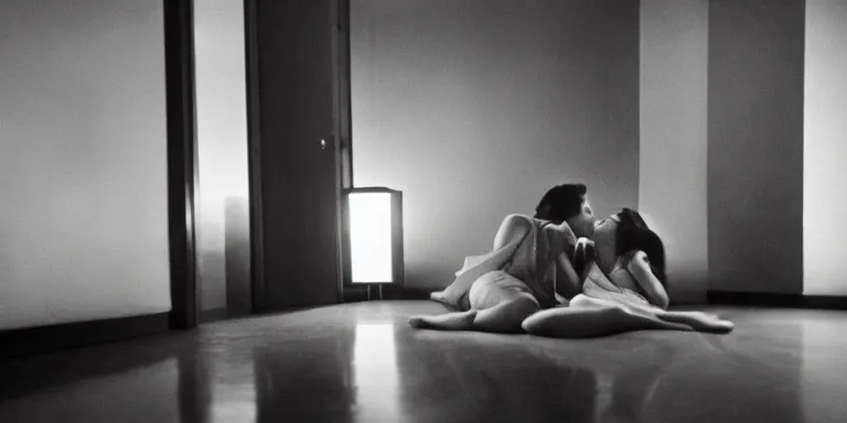Image similar to photorealistic Cinematography of a two women kissing on the floor at night in a mid century modern apartment shot on film at magic hour with the sun shining into a room filled with volumetric haze by the shining Cinematographer john alcott on a cooke panchro 18mm lens .
