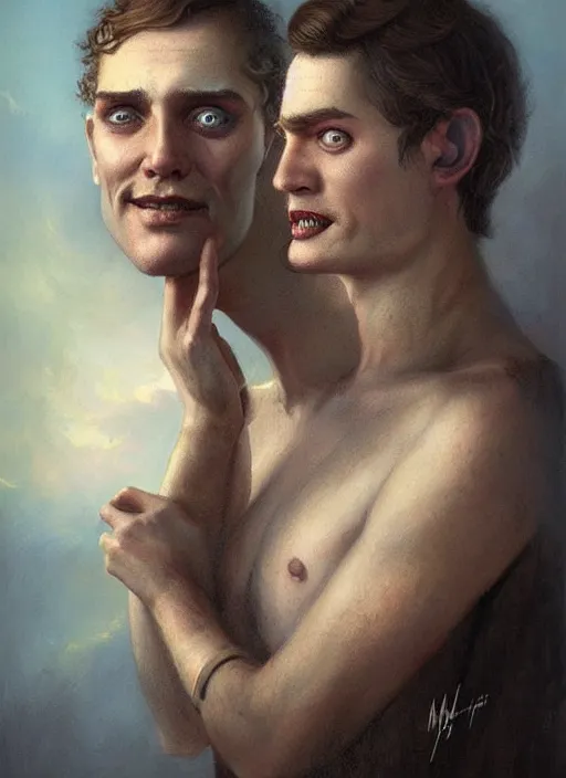 Image similar to a threatening portrait of a smiling man pretending to be human with beautiful blue eyes and short brown hair, art by manuel sanjulian and tom bagshaw