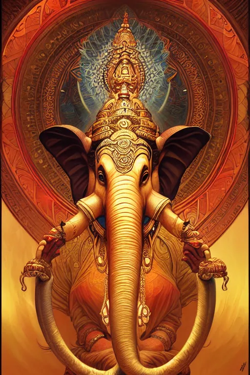 Image similar to ganesha, mandala, fantasy, intricate, elegant, highly detailed, digital painting, artstation, concept art, matte, sharp focus, illustration, art by artgerm and greg rutkowski and alphonse mucha