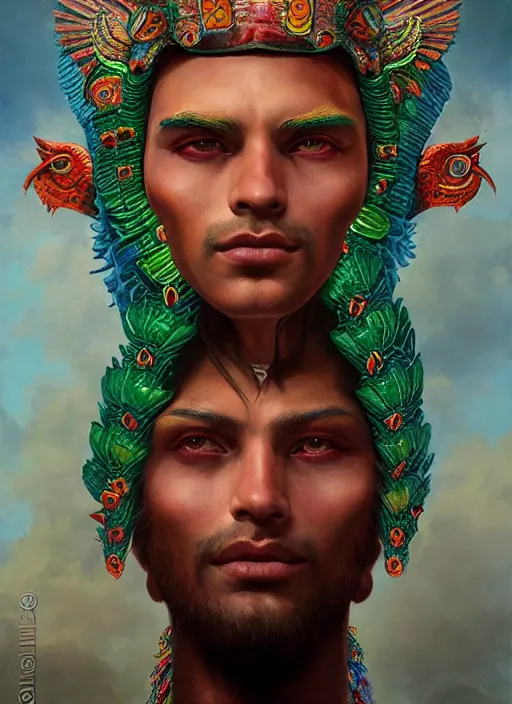 Prompt: portrait of aztec masculine god quetzalcoatl, by bogdan rezunenko and denys tsiperko and tom bagshaw, magic realism