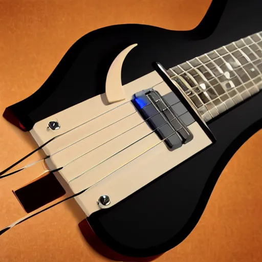 Prompt: beautiful futuristic electronic guitar high end concept, touch screen fretboard with animation, product design, dynamic lighting, high resolution, good focus