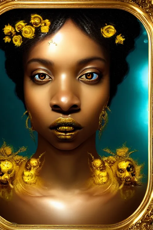 Image similar to hyper realistic neo - rococo cinematic very expressive! black oshun goddess, open eyes, body in water, mirror dripping droplet!, gold flowers, highly detailed face, digital art masterpiece, smooth eric zener cam de leon dramatic pearlescent teal light, ground angle uhd 8 k, sharp focus