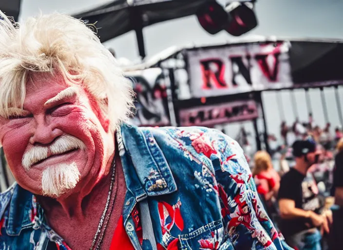 Image similar to photo still of rip taylor at vans warped tour!!!!!!!! at age 6 3 years old 6 3 years of age!!!!!!! throwing bees at a crowd, 8 k, 8 5 mm f 1. 8, studio lighting, rim light, right side key light