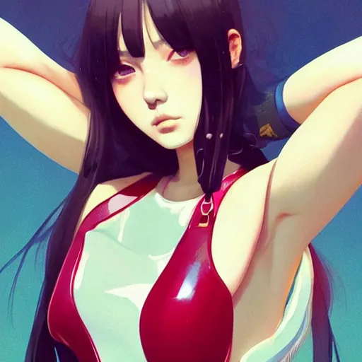 Image similar to a beautiful japanese billie eilish kat dennings alluring instagram model in elaborate latex tank top, by guweiz and wlop and ilya kuvshinov and artgerm and makoto shinkai and studio ghibli, symmetrical eyes, aesthetic, gorgeous, stunning, alluring, attractive, artstation, deviantart, pinterest, digital art