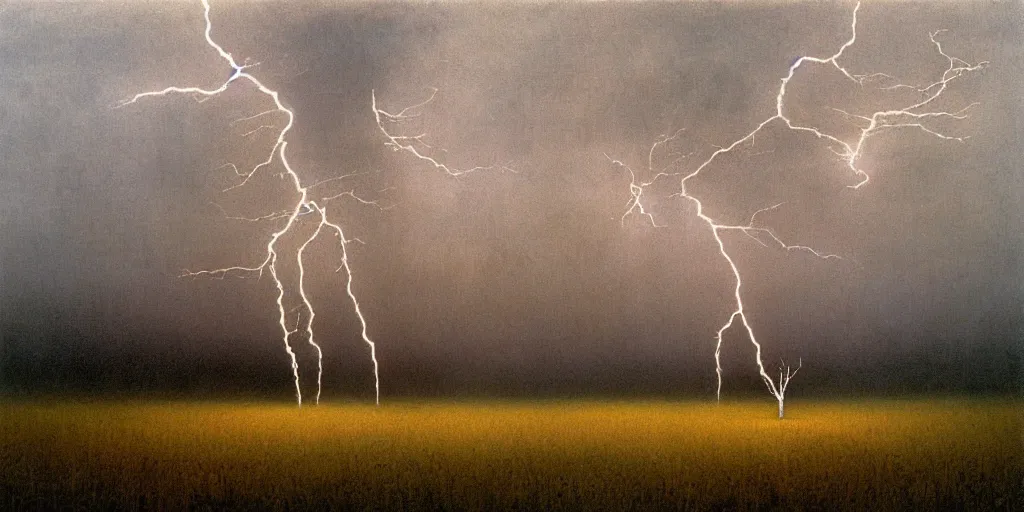 Prompt: lightning strikes a tree in the middle of a field, painting By Zdzislaw Beksinski ,