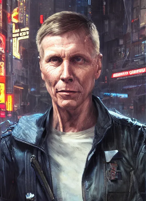 Image similar to kent hovind. cyberpunk mercenary in a cyberpunk jumpsuit ( blade runner 2 0 4 9, cyberpunk 2 0 7 7 ). orientalist portrait by john william waterhouse and james gurney and theodore ralli and nasreddine dinet, oil on canvas. cinematic, hyper realism, realistic proportions, dramatic lighting, high detail 4 k