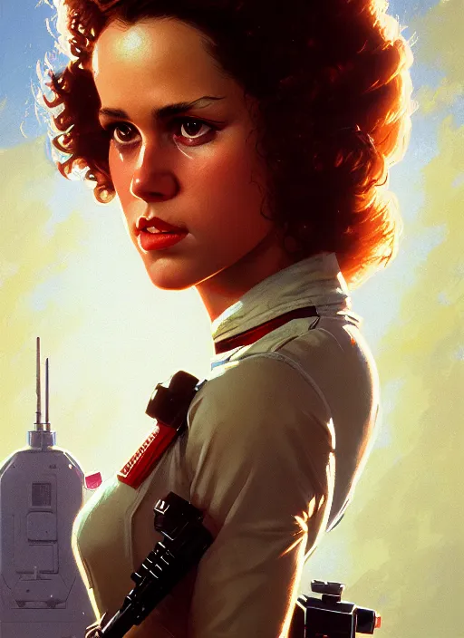 Prompt: head portrait of 8 0 s scifi elegant pretty girl, daisy ripley, cinematic, detailed, dynamic, artstation character, norman rockwell, everett raymond kinstler, artgerm, daniel gerhartz, greg rutkowski, pulp science fiction illustration