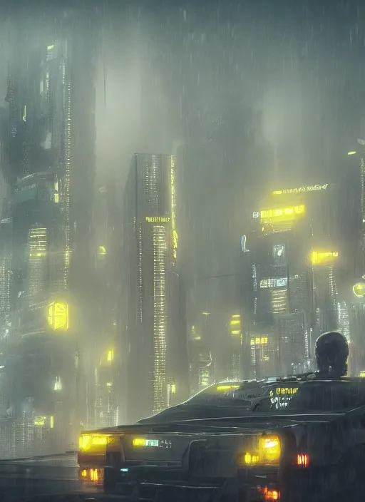 Image similar to a cyberpunk city, raining, mist by Denis Villeneuve, Trending on artstation, yellow scheme, 8k, wide-angle lens