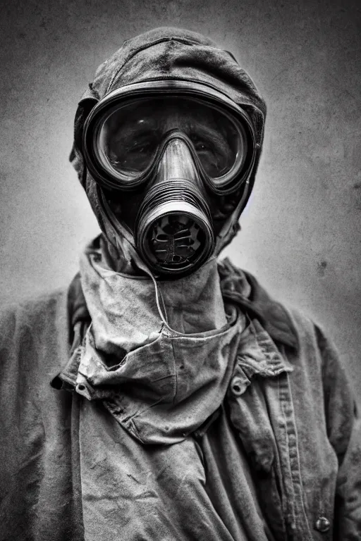 Prompt: an award winning portrait photo of a homeless person wearing a gas mask and hard helmet, 4 k, high quality, sharp focus