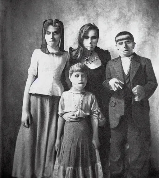 Prompt: grayscale vintage sepiatone photograph of a vampire family in Romania, lost media, highly detailed, convincingly real