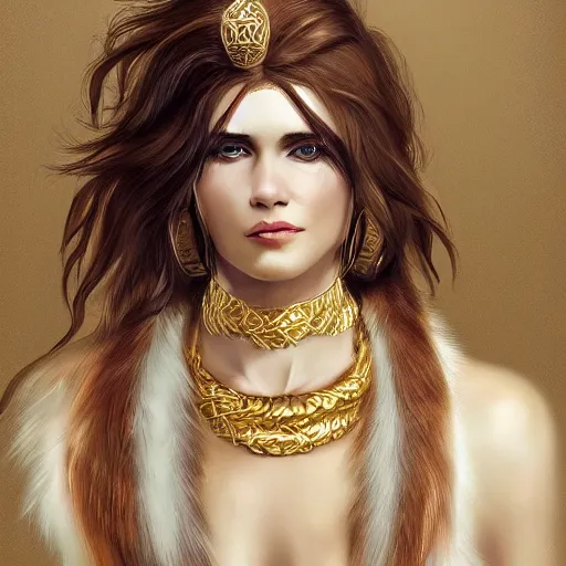 Image similar to portrait of a white human panter with a very long fur and gold jewelry, fantasy, trending on artstation, heroic pose, illustration, highly detailed, simple, 8k