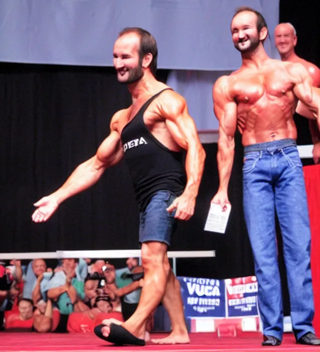 Prompt: Nick Vujicic winning the world bodybuilding championship