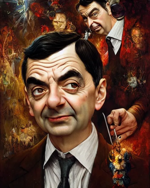 Image similar to vintage mr. bean movie poster by karol bak, james jean, tom bagshaw, rococo, sharp focus, trending on artstation, cinematic lighting, hyper realism, octane render, 8 k, hyper detailed.